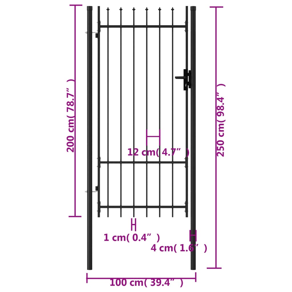 Fence Gate Single Door with Spike Top Steel 1x2 m Black