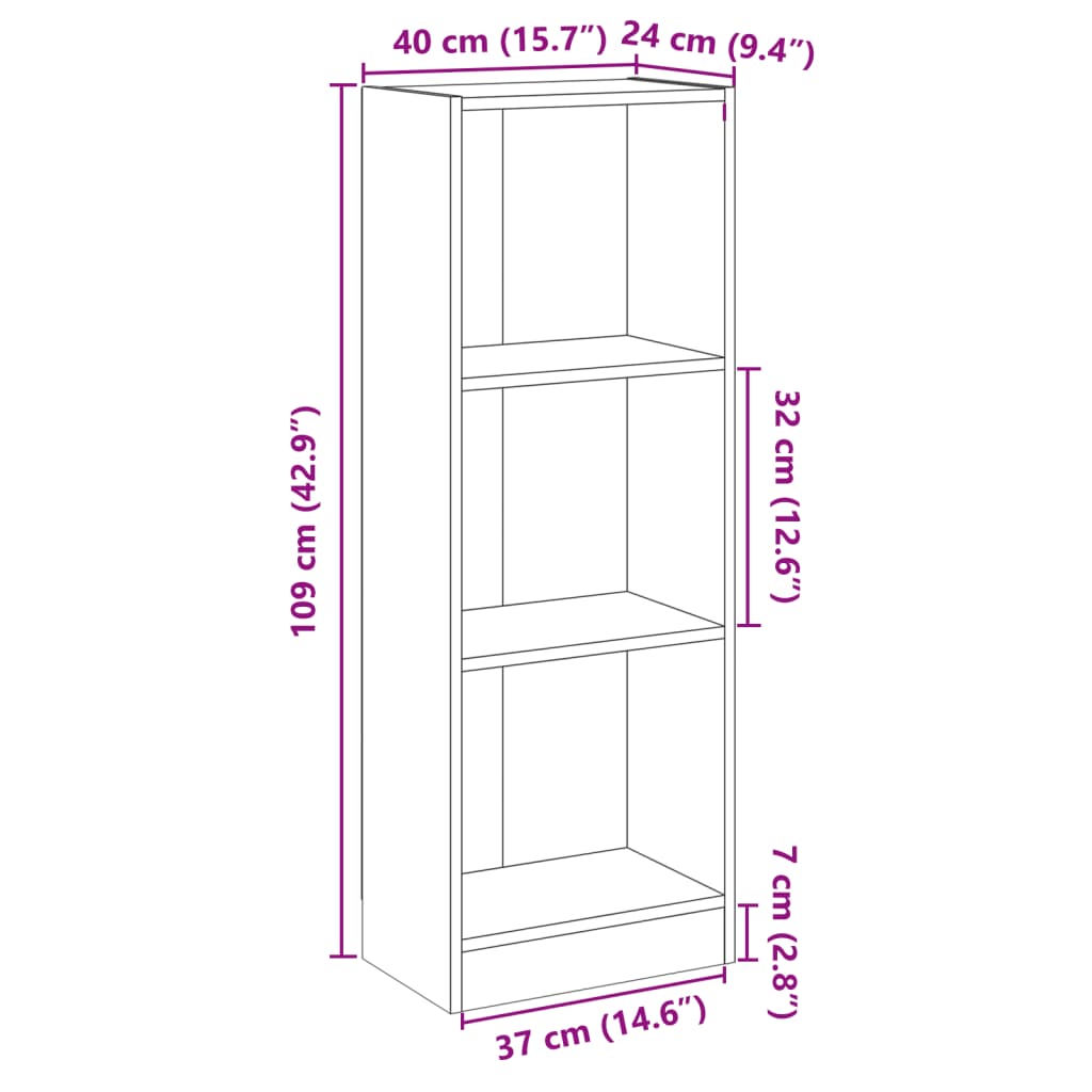 3-Tier Book Cabinet Black 40x24x109 cm Engineered Wood