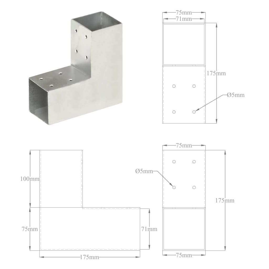 Post Connectors 4 pcs L Shape Galvanised Metal 71x71 mm
