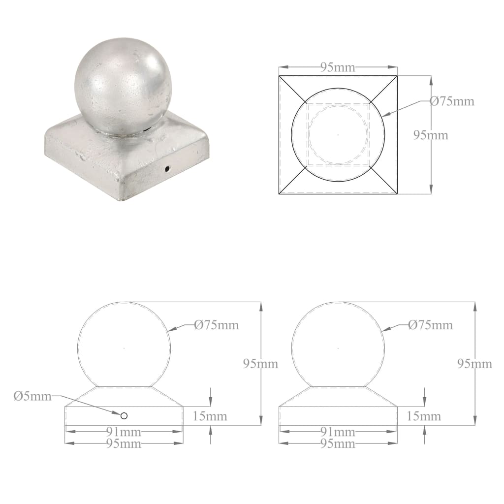 Post Caps 6 pcs Globe Final Galvanised Metal 91x91 mm