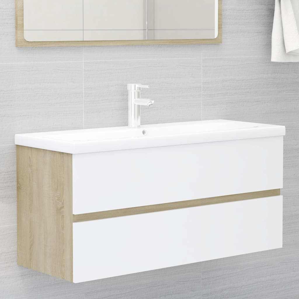 2 Piece Bathroom Furniture Set White and Sonoma Oak Engineered Wood