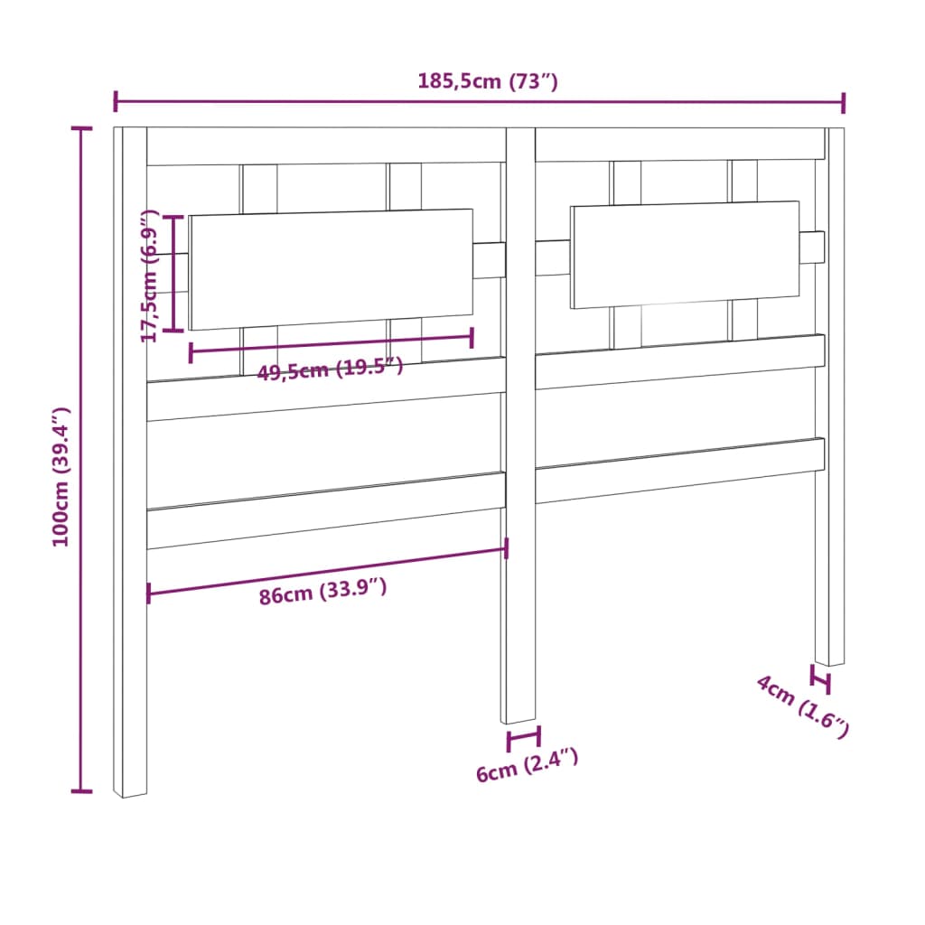Bed Headboard Grey 185.5x4x100 cm Solid Wood Pine