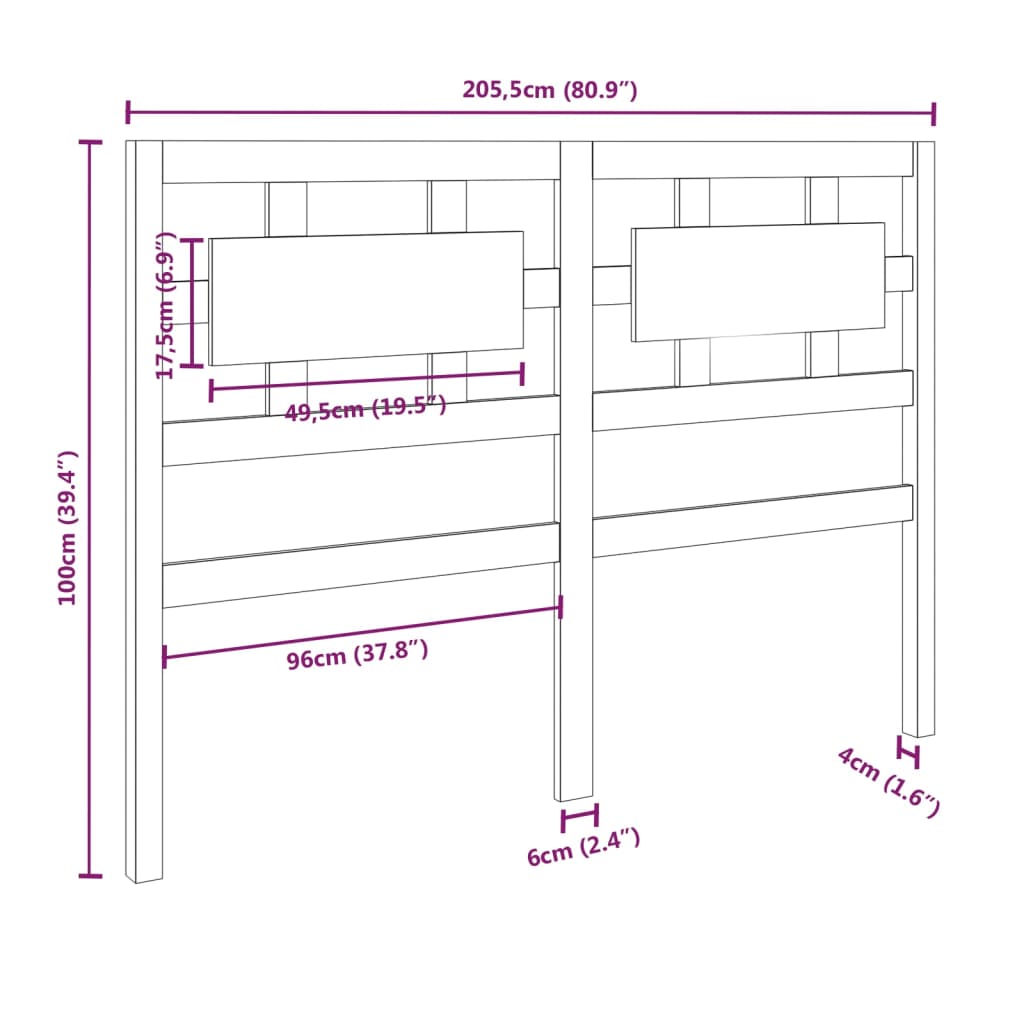 Bed Headboard Grey 205.5x4x100 cm Solid Wood Pine