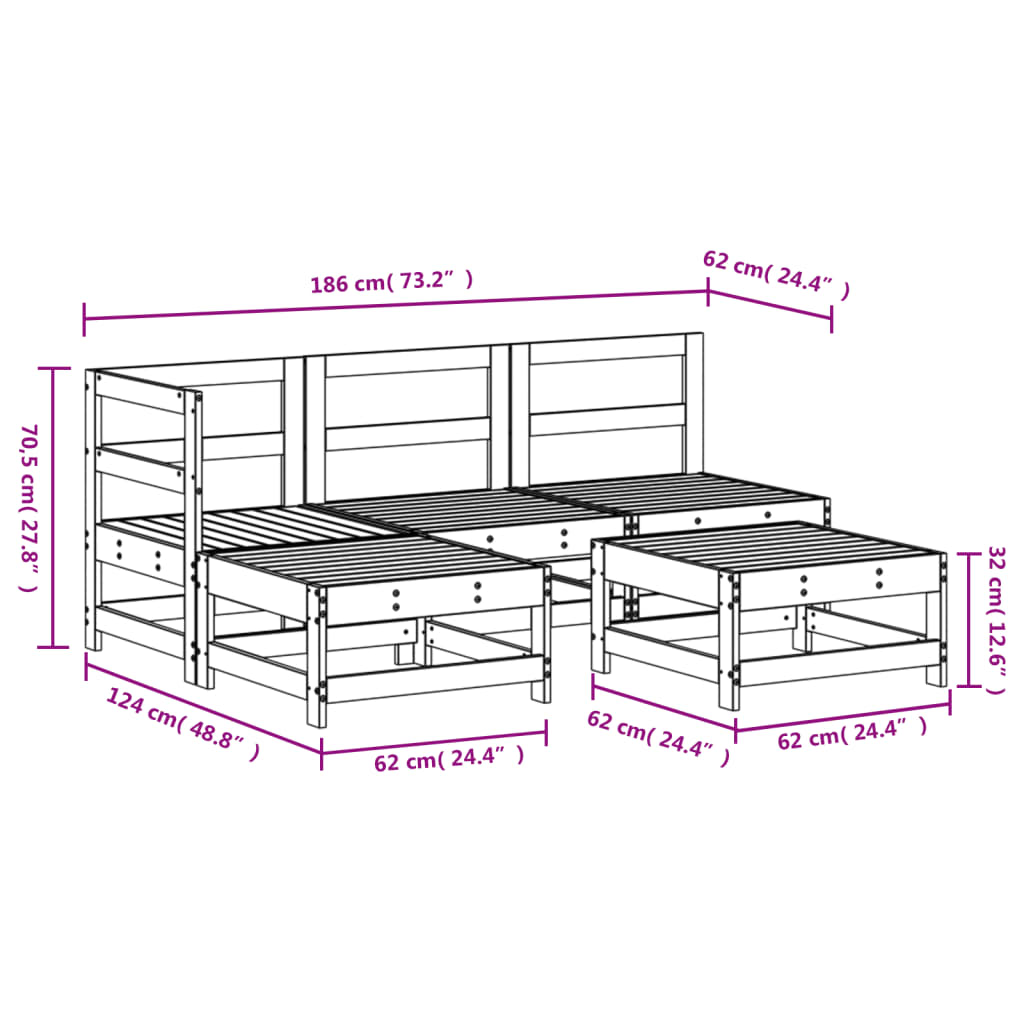 5 Piece Garden Lounge Set Solid Wood Pine