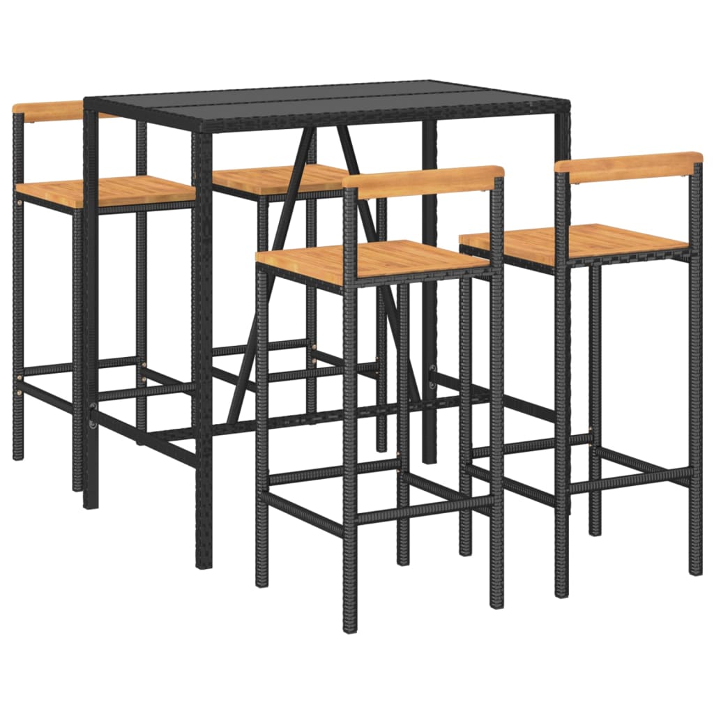 5 Piece Garden Bar Set Black Poly Rattan& Solid Wood Acacia