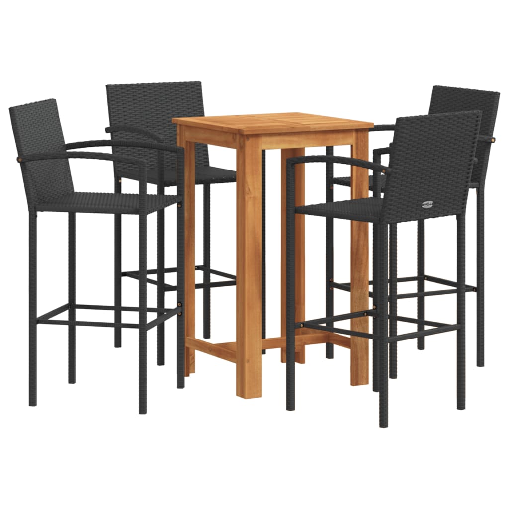 5 Piece Garden Bar Set Black Solid Wood Acacia and Poly Rattan