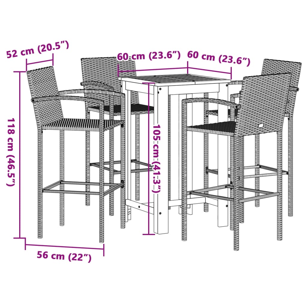 5 Piece Garden Bar Set Black Solid Wood Acacia and Poly Rattan