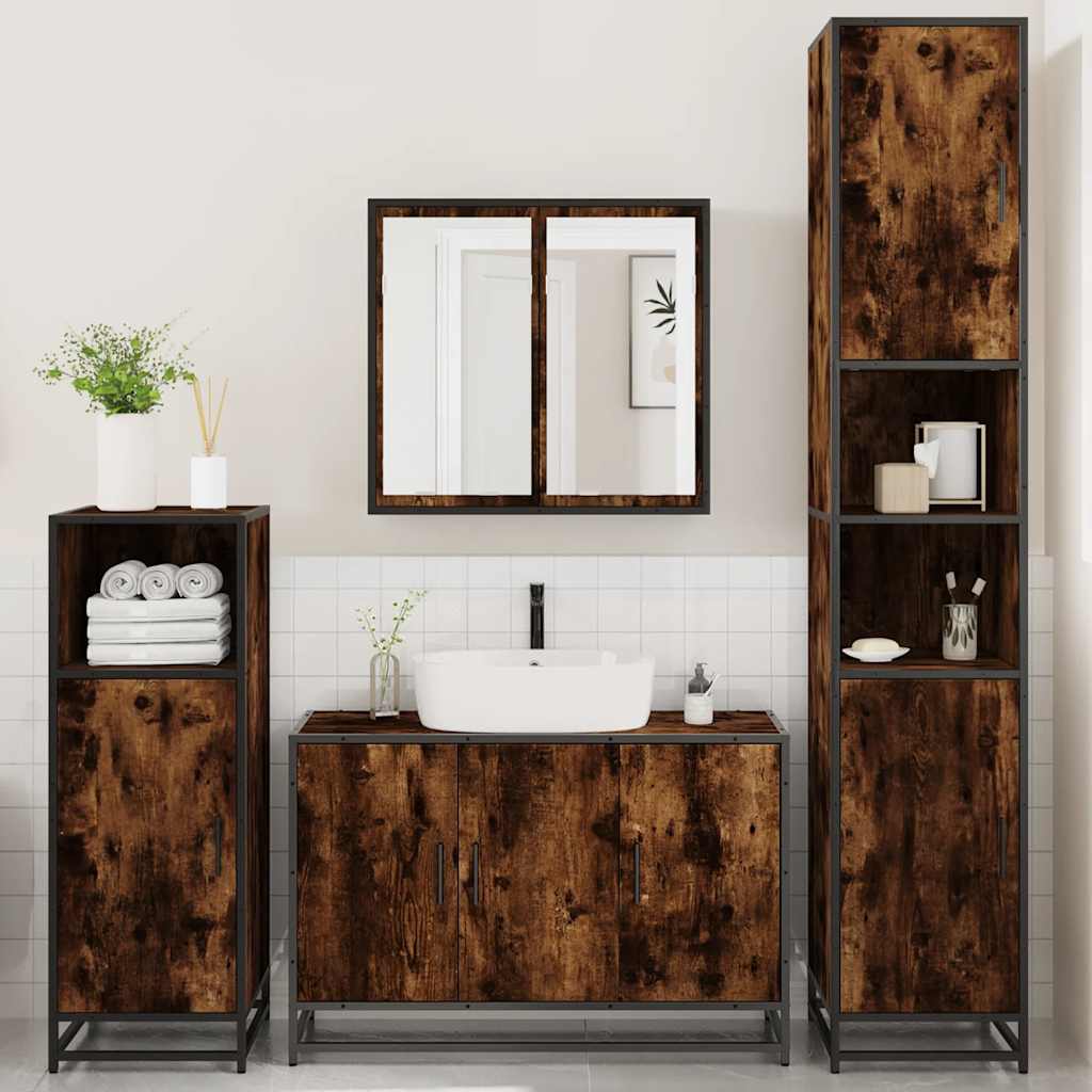 4 Piece Bathroom Furniture Set Smoked Oak Engineered Wood