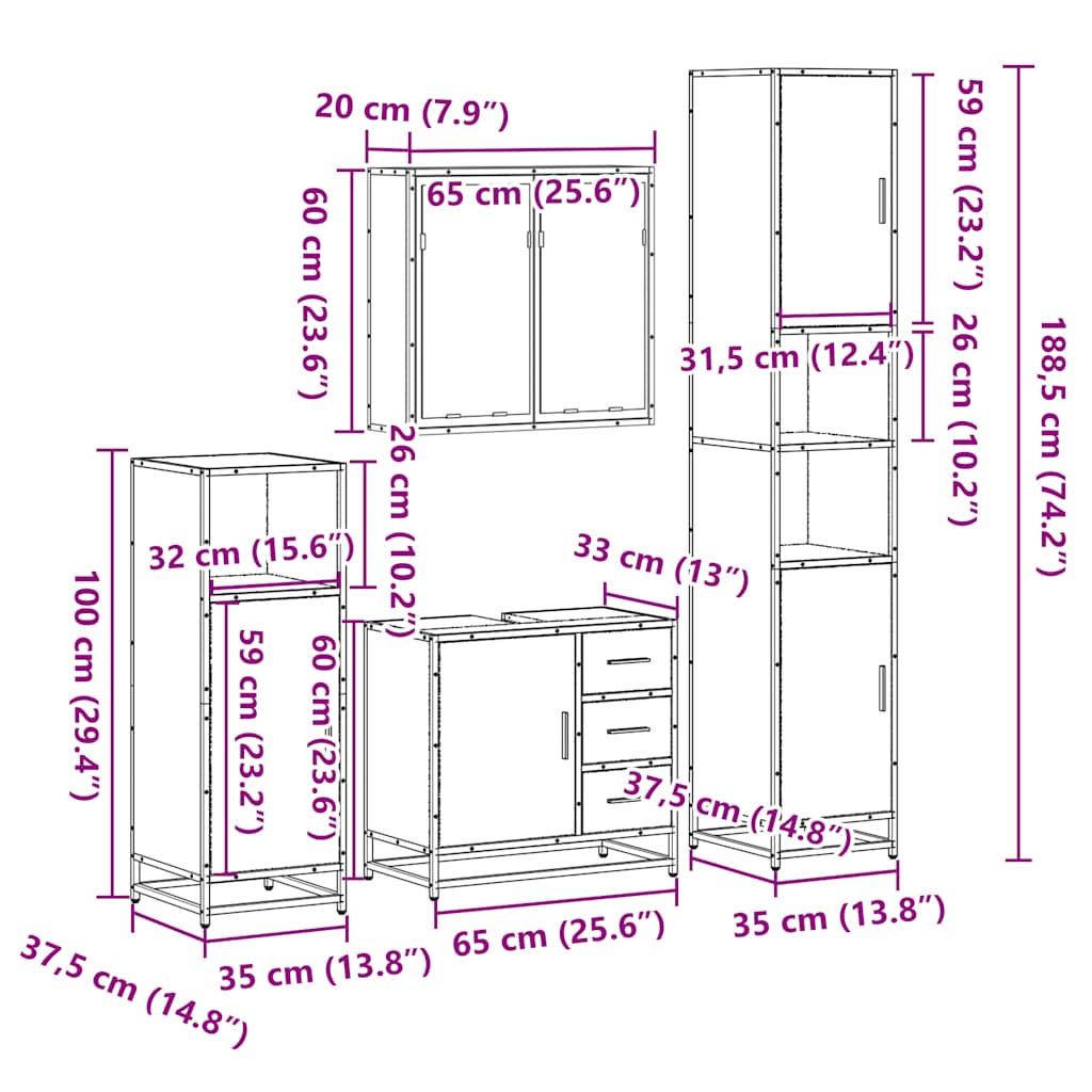 4 Piece Bathroom Furniture Set Smoked Oak Engineered Wood