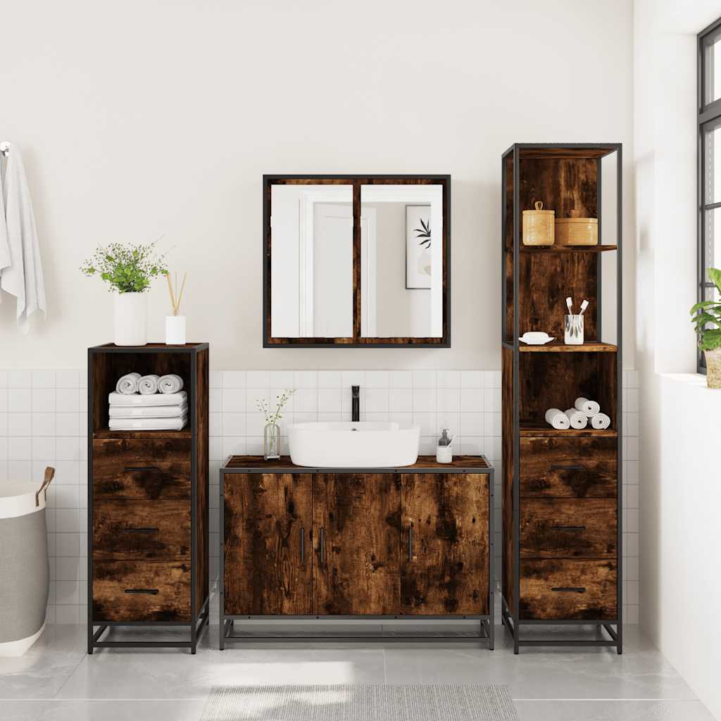 4 Piece Bathroom Furniture Set Smoked Oak Engineered Wood