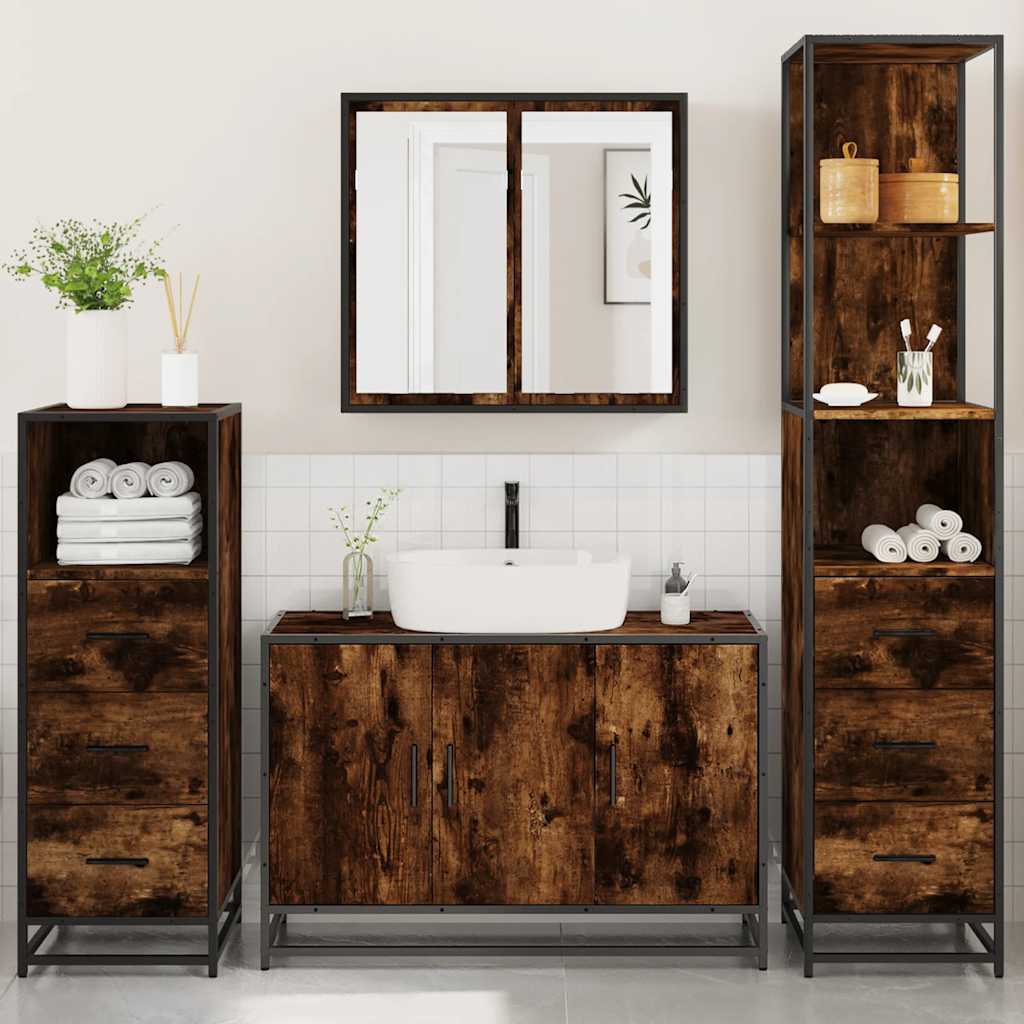 4 Piece Bathroom Furniture Set Smoked Oak Engineered Wood