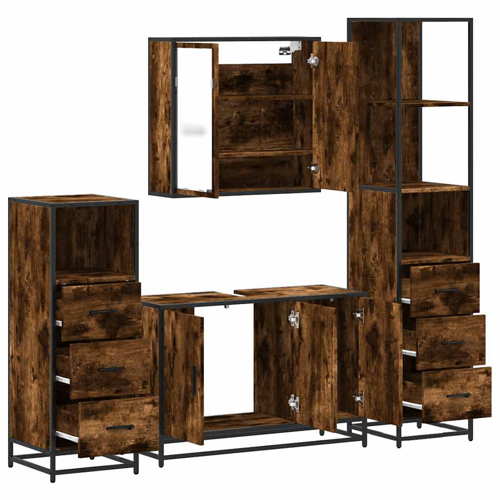 4 Piece Bathroom Furniture Set Smoked Oak Engineered Wood