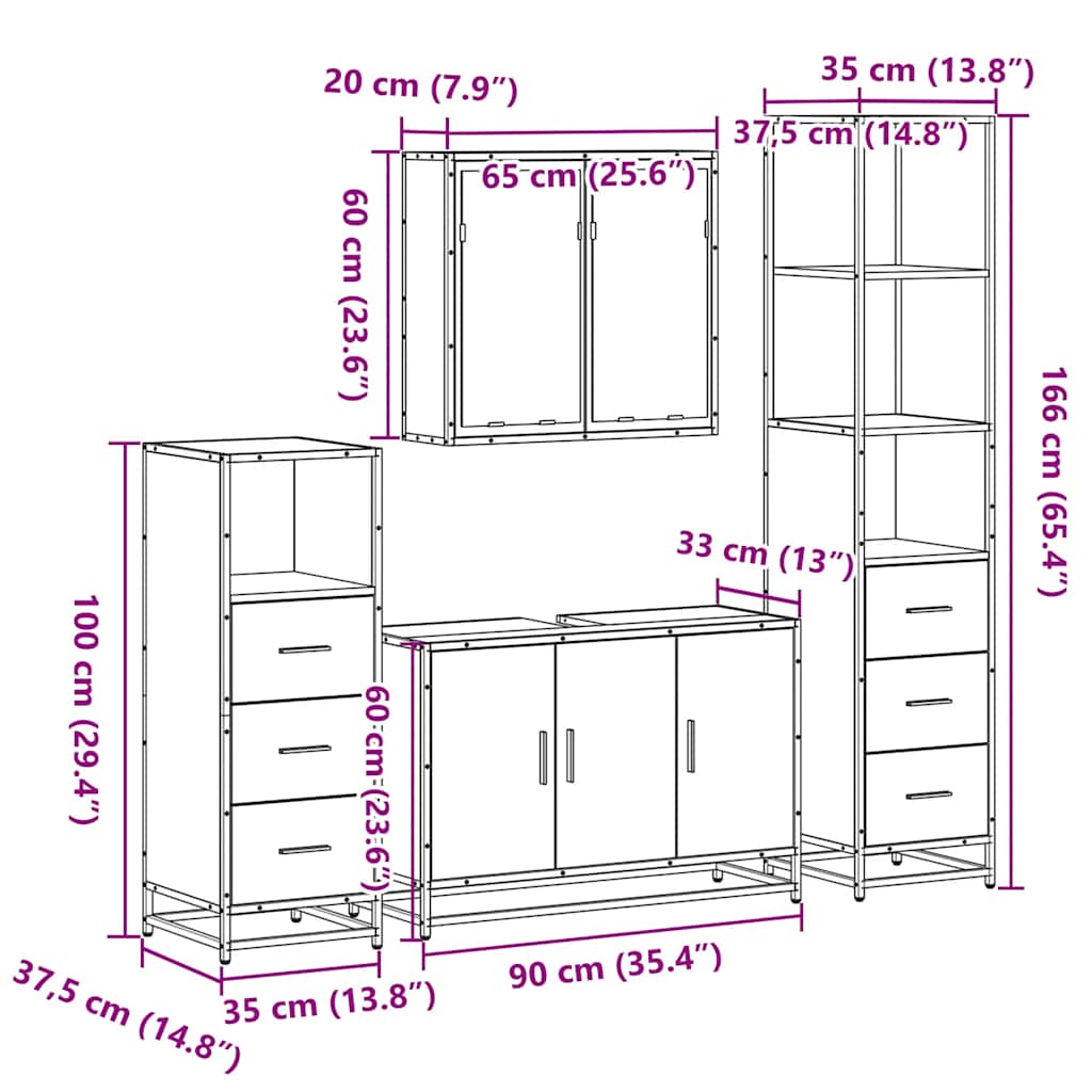 4 Piece Bathroom Furniture Set Smoked Oak Engineered Wood