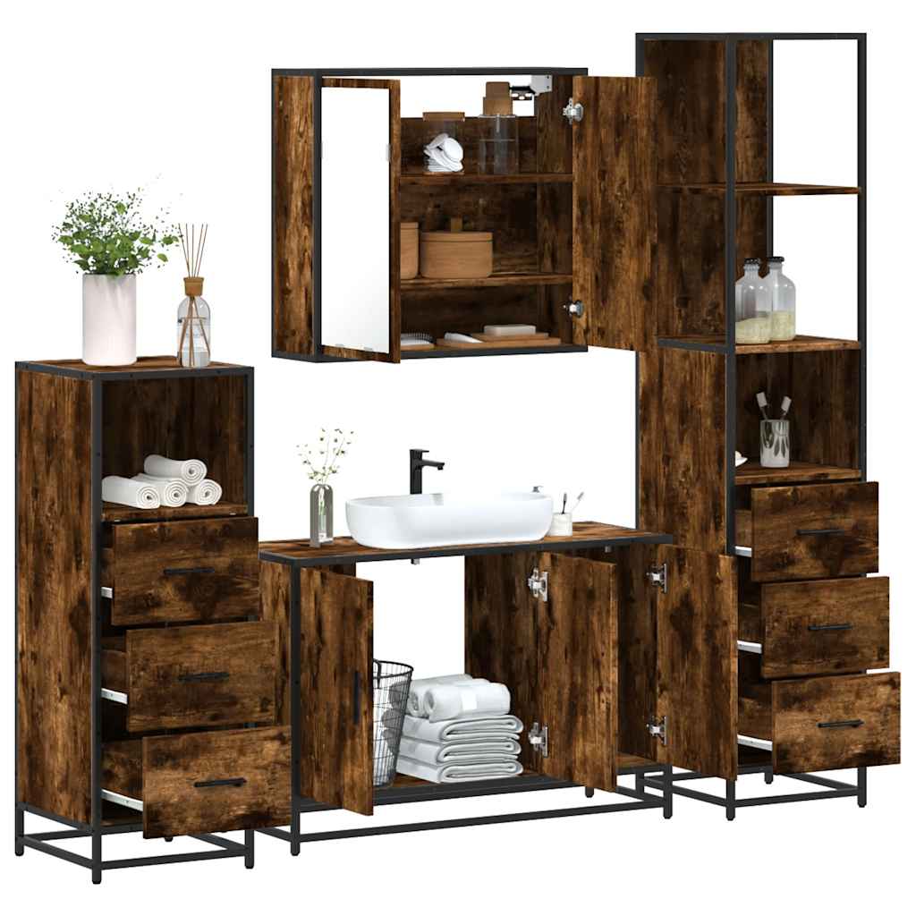 4 Piece Bathroom Furniture Set Smoked Oak Engineered Wood