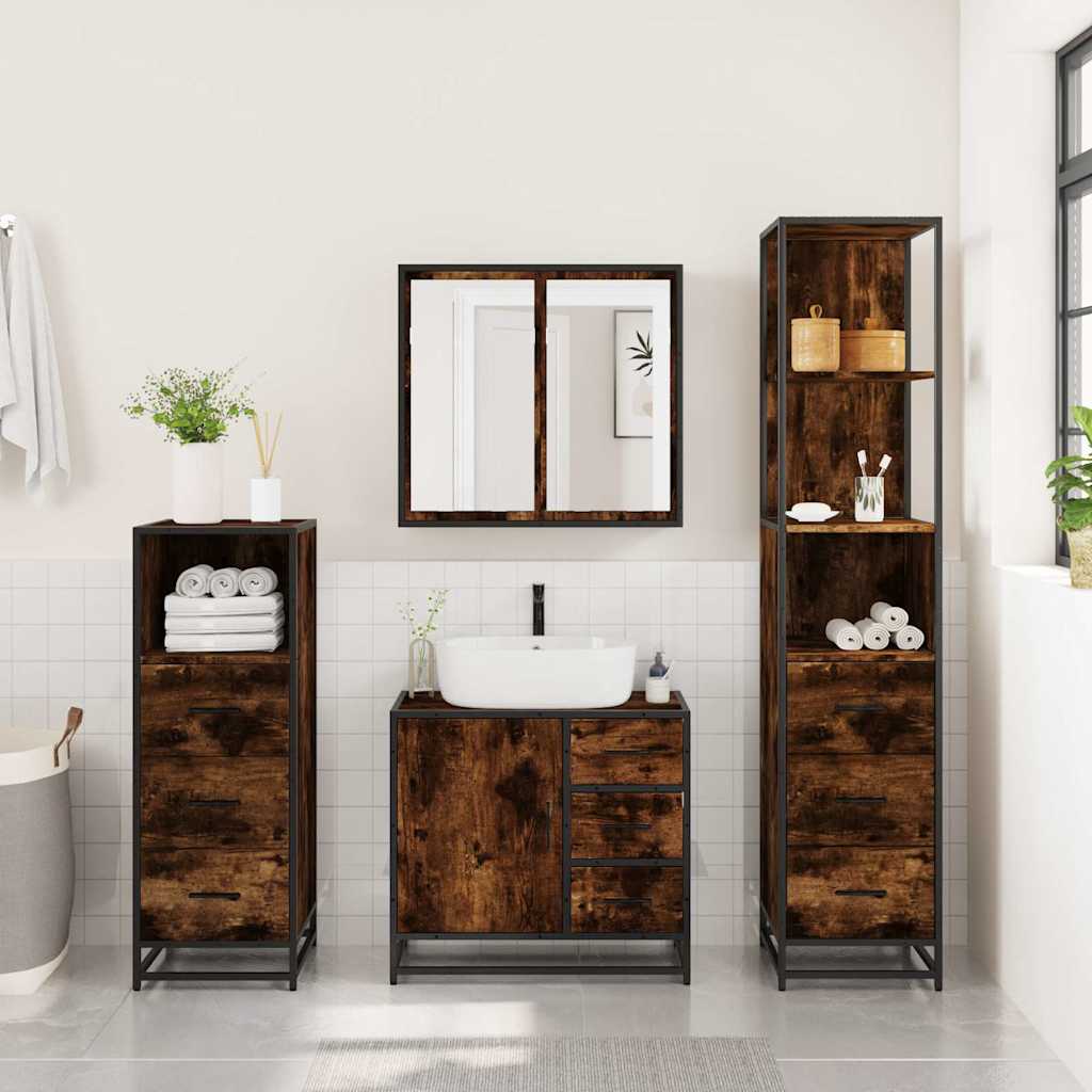 4 Piece Bathroom Furniture Set Smoked Oak Engineered Wood