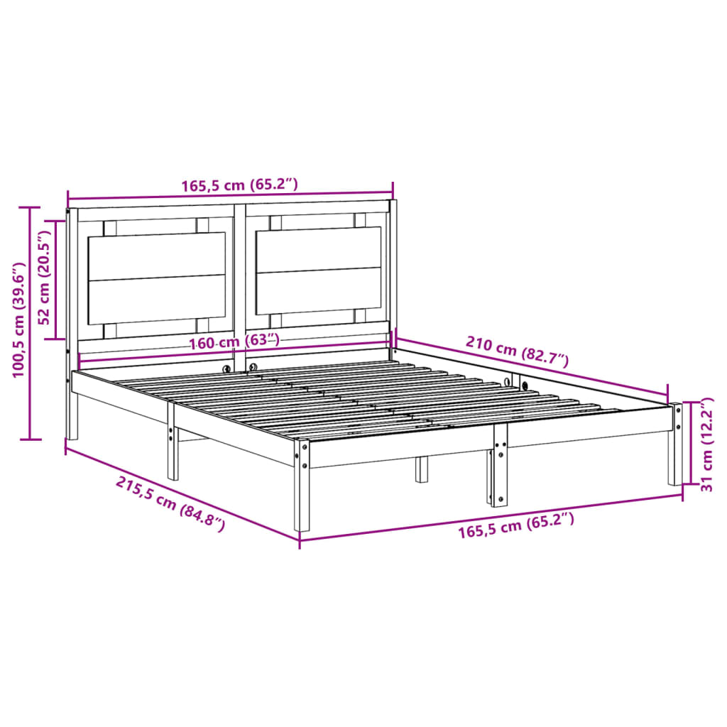 Extra Long Bed Frame without Mattress White 160x210 cm Solid Wood