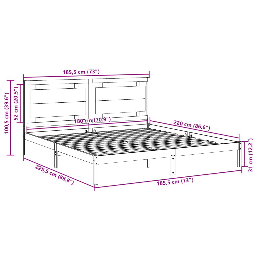 Extra Long Bed Frame without Mattress White 180x220 cm Solid Wood