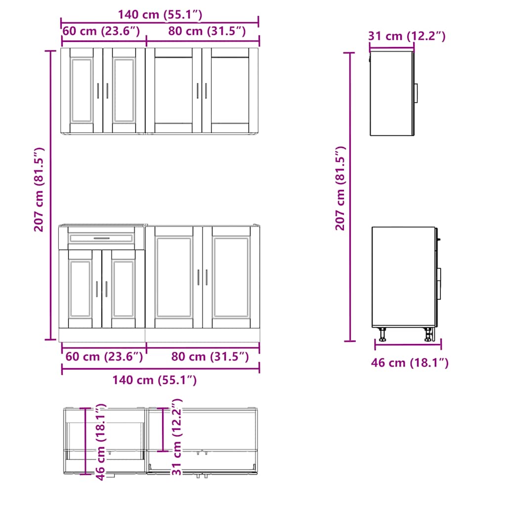 4 Piece Kitchen Cabinet Set Porto Brown Oak Engineered Wood
