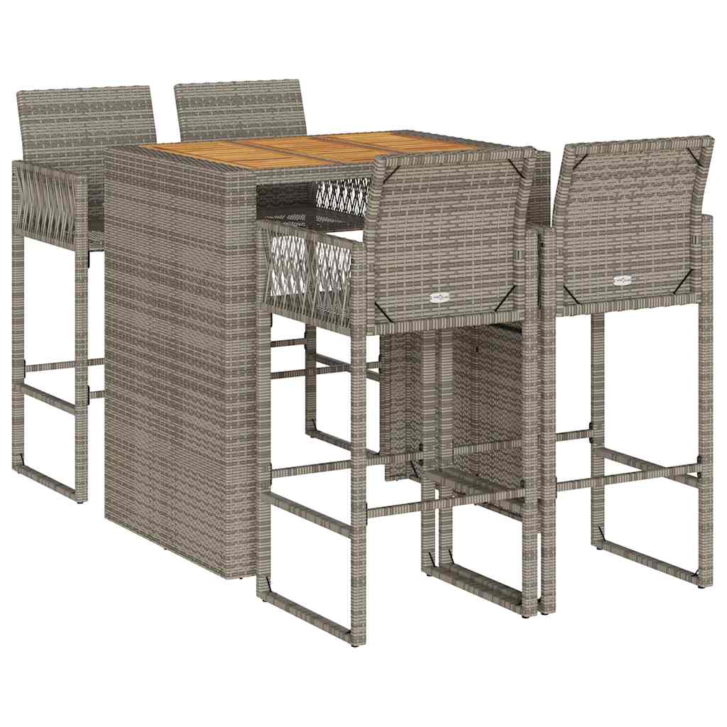 5 Piece Garden Bar Set without Cushions Grey Poly Rattan Acacia