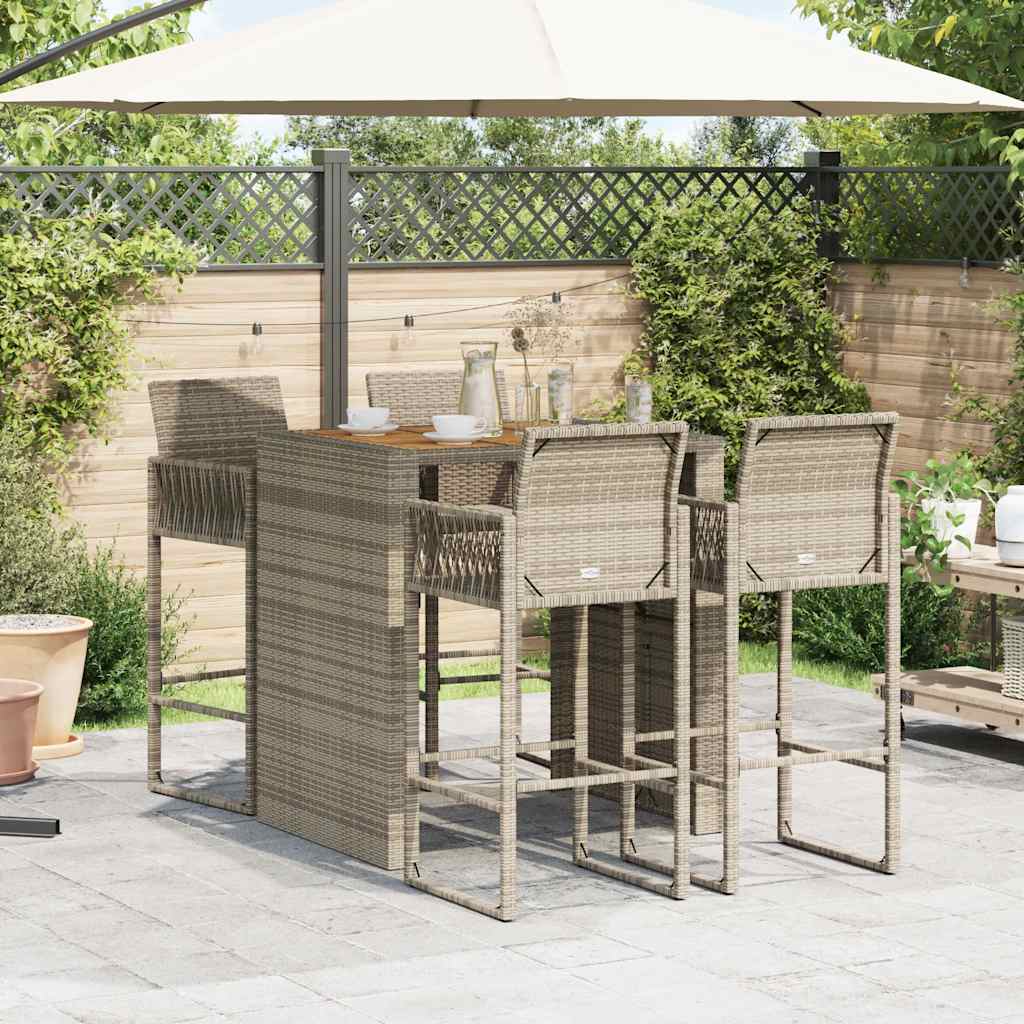 5 Piece Garden Bar Set without Cushions Grey Poly Rattan Acacia