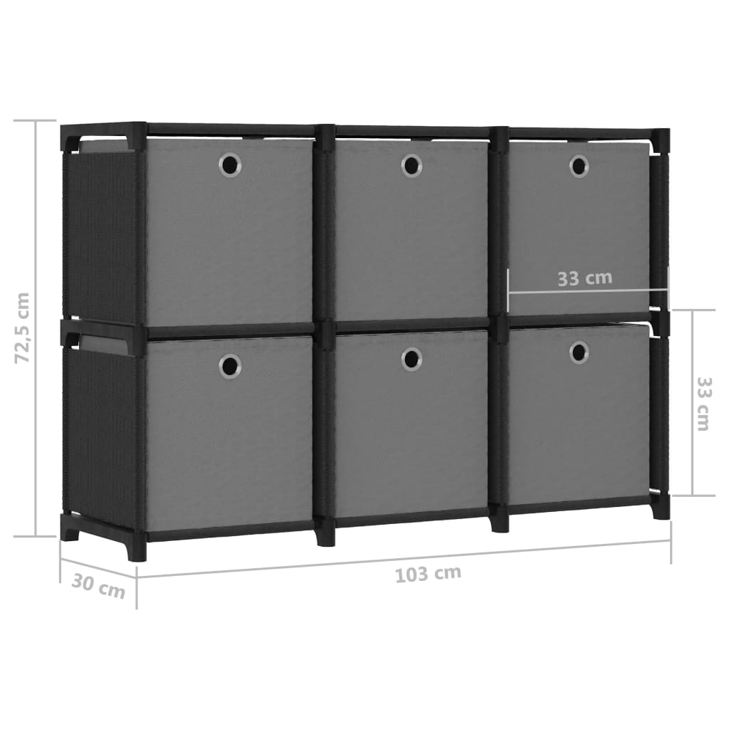 6-Cube Display Shelf with Boxes Black 103x30x72.5 cm Fabric