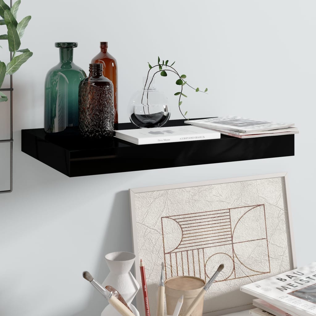 Floating Wall Shelf High Gloss Black 40x23x3.8 cm MDF