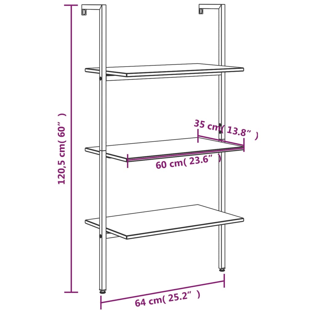 3-Tier Leaning Shelf Dark Brown and Black 64x35x120.5 cm