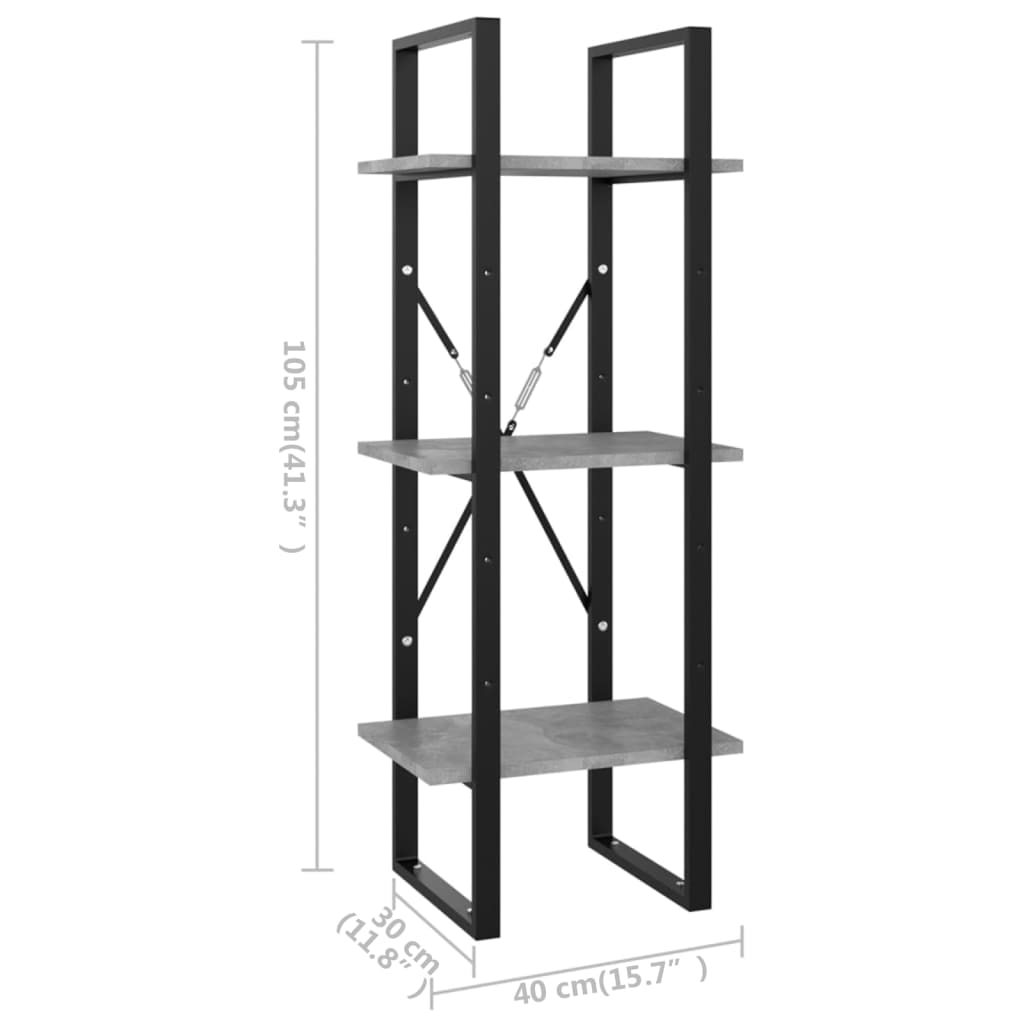 3-Tier Book Cabinet Concrete Grey 40x30x105 cm Engineered Wood