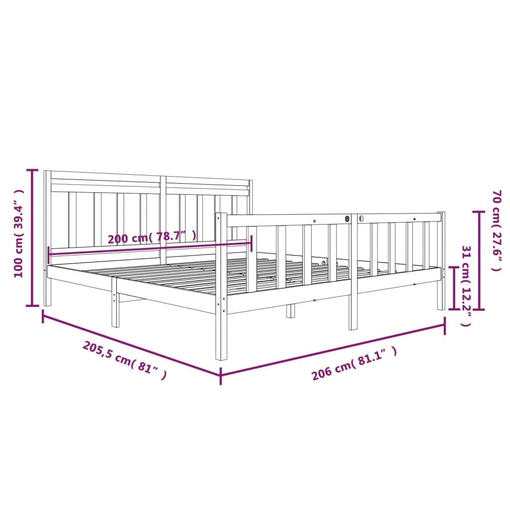 3100980 vidaXL Bed Frame without Mattress Grey Solid Wood 200x200 cm (810104+814116)