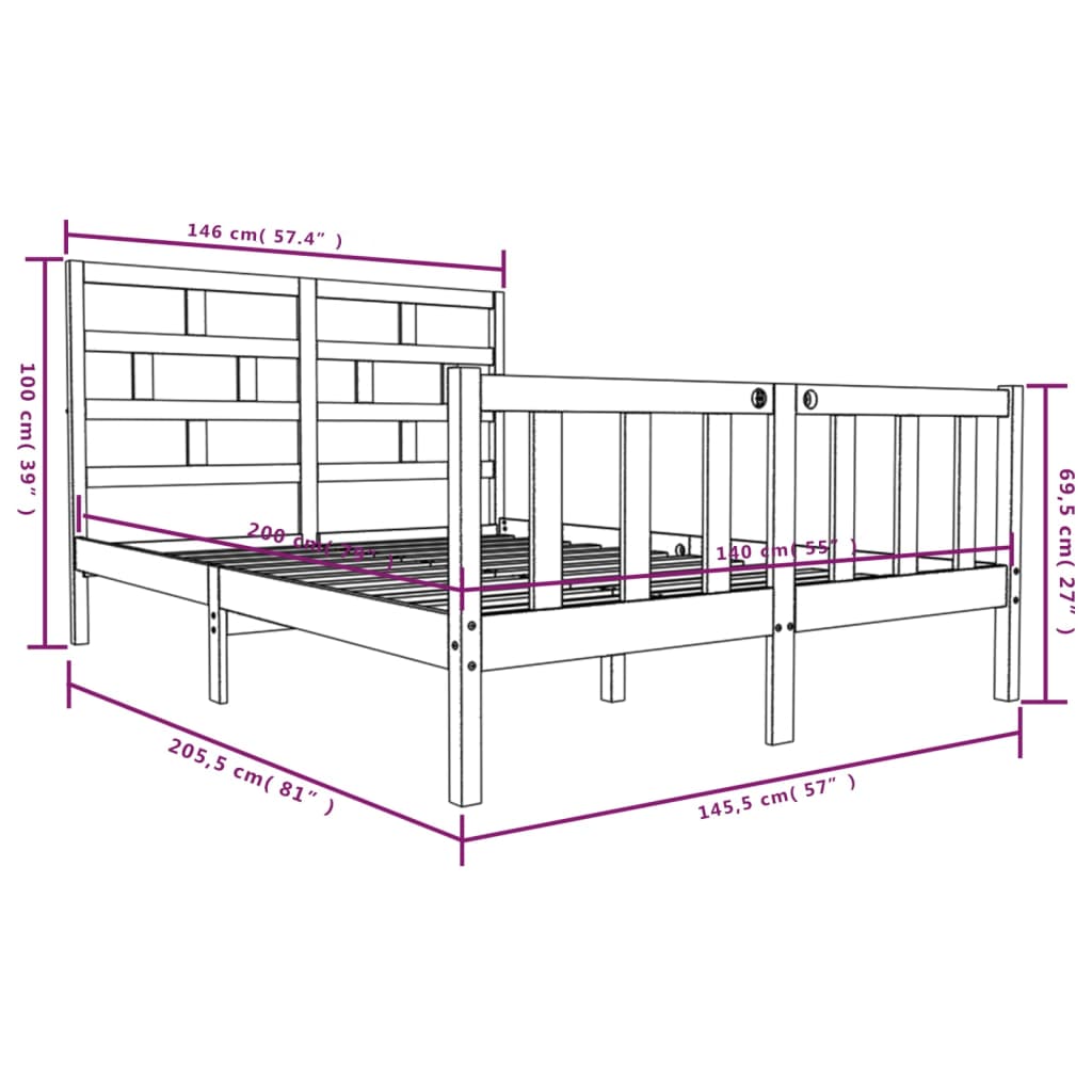 3101349 vidaXL Bed Frame without Mattress White Solid Wood 140x200 cm (810083+814195)