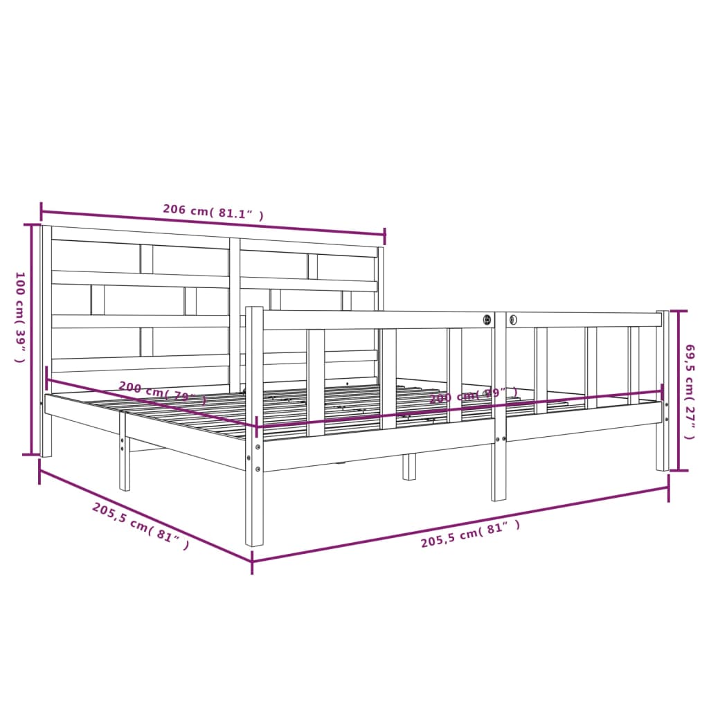 3101370 vidaXL Bed Frame without Mattress Grey Solid Wood 200x200 cm (810104+814216)