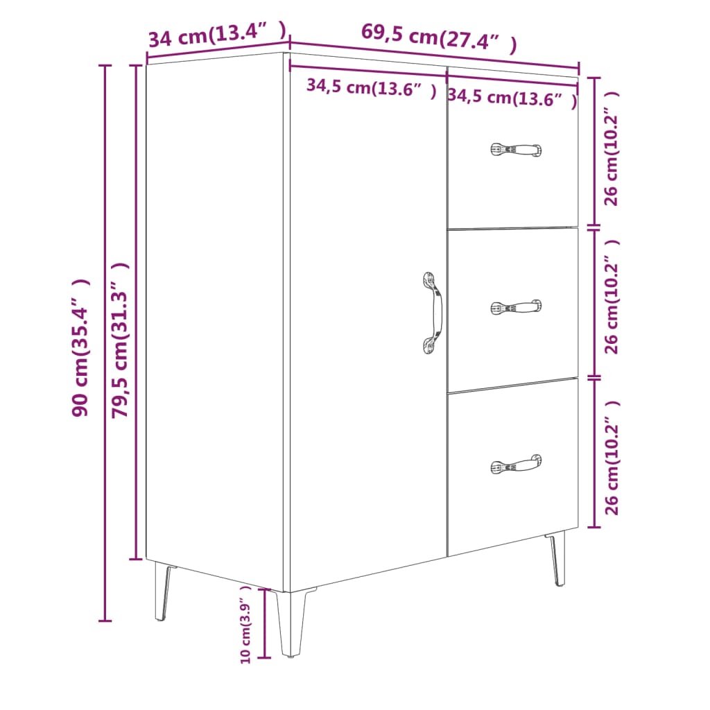 Sideboard White 69.5x34x90 cm Engineered Wood