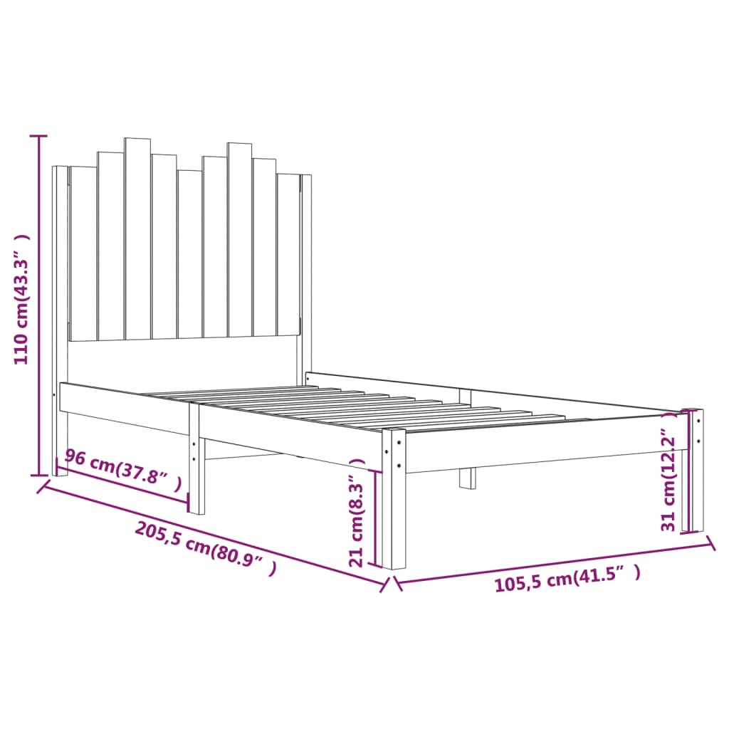 3103772 vidaXL Bed Frame without Mattress Black Solid Wood 100x200 cm (810011+818459)
