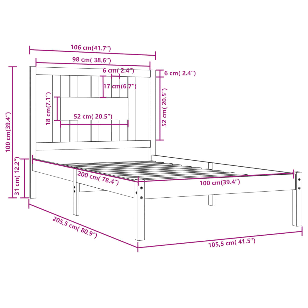 3104057 vidaXL Bed Frame without Mattress Black Solid Wood 100x200 cm (810011+818659)