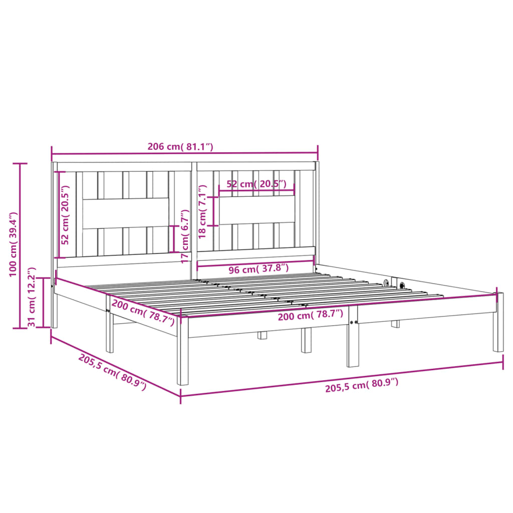 3104085 vidaXL Bed Frame without Mattress Grey Solid Wood 200x200 cm (810039+818692)