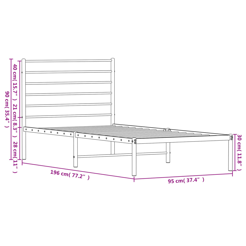 Metal Bed Frame without Mattress with Headboard Black 90x190cm
