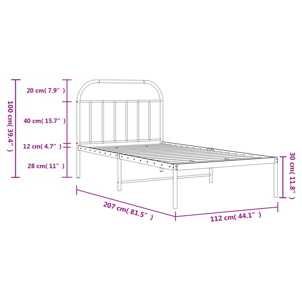 Metal Bed Frame without Mattress with Headboard Black 107x203cm
