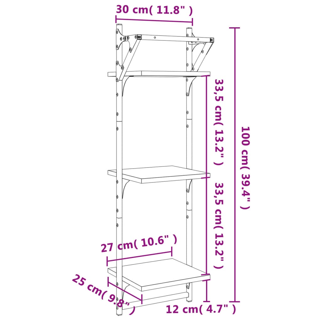 3-Tier Wall Shelves with Bars 2 pcs Sonoma Oak 30x25x100 cm