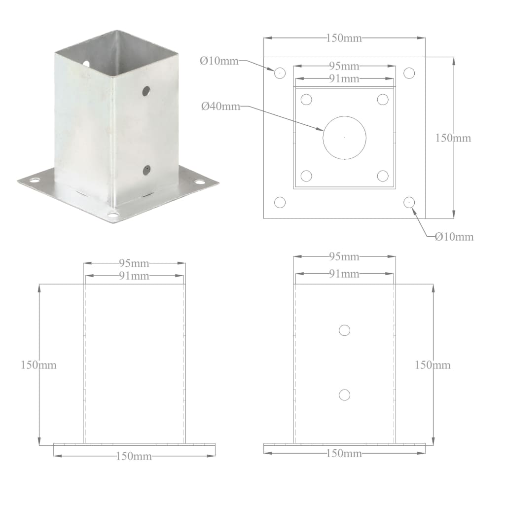 Post Anchors 4 pcs Galvanised Metal 91 mm