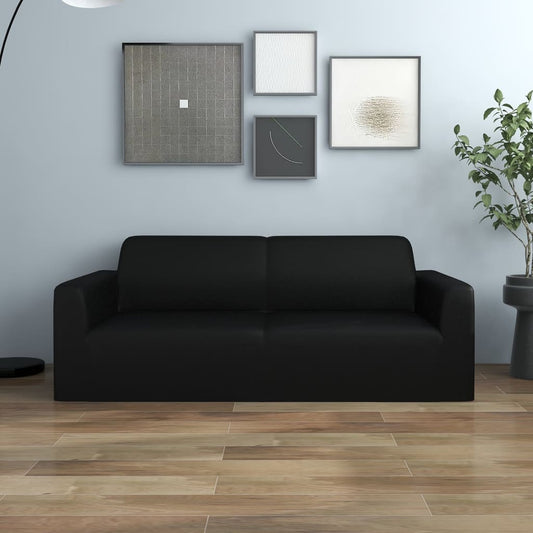 2-Seater Stretch Couch Slipcover Black Polyester Jersey
