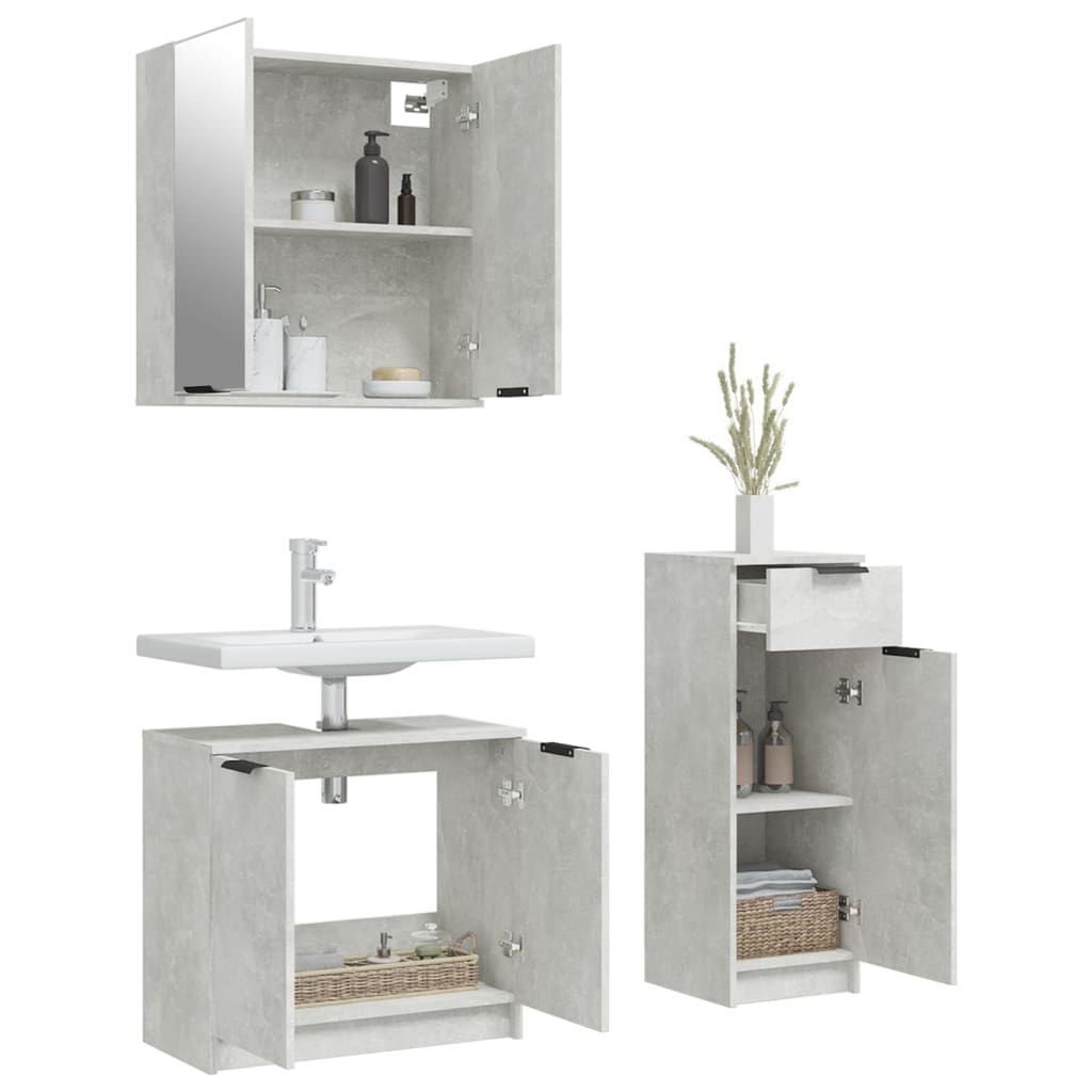 3 Piece Bathroom Cabinet Set Concrete Grey Engineered Wood