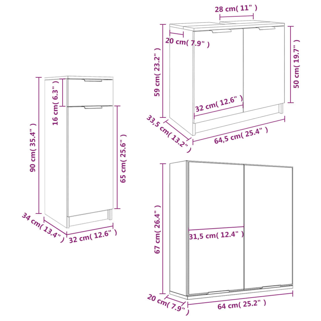 3 Piece Bathroom Cabinet Set Concrete Grey Engineered Wood