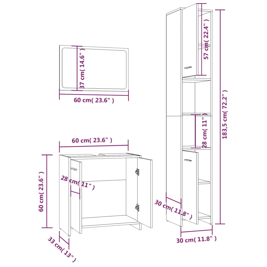 3 Piece Bathroom Furniture Set Grey Sonoma Engineered Wood