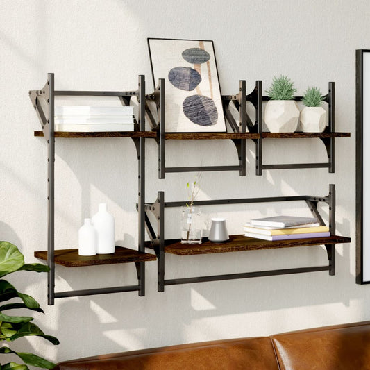 4 Piece Wall Shelf Set with Bars Brown Oak Engineered Wood
