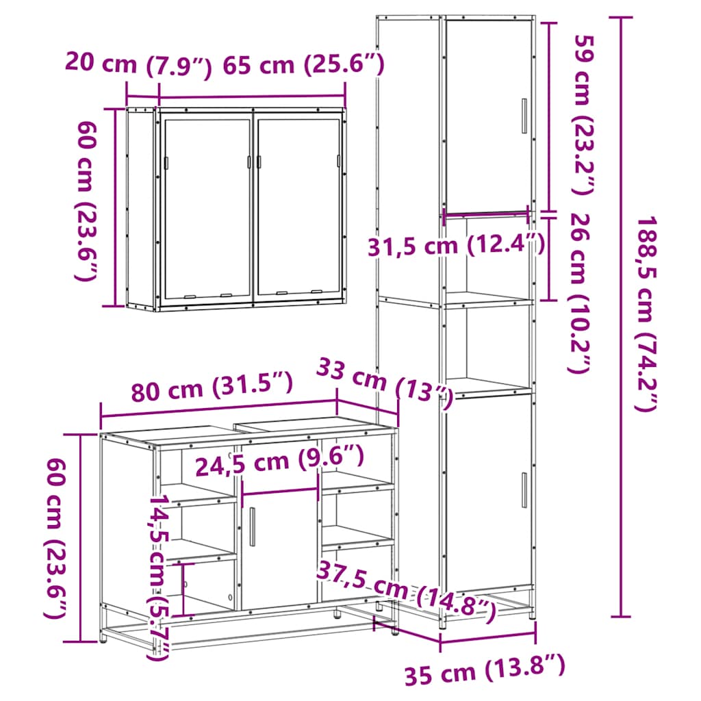 3 Piece Bathroom Furniture Set Grey Sonoma Engineered Wood