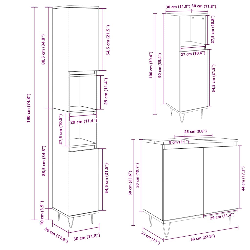 3 Piece Bathroom Furniture Set Sonoma Oak Engineered Wood
