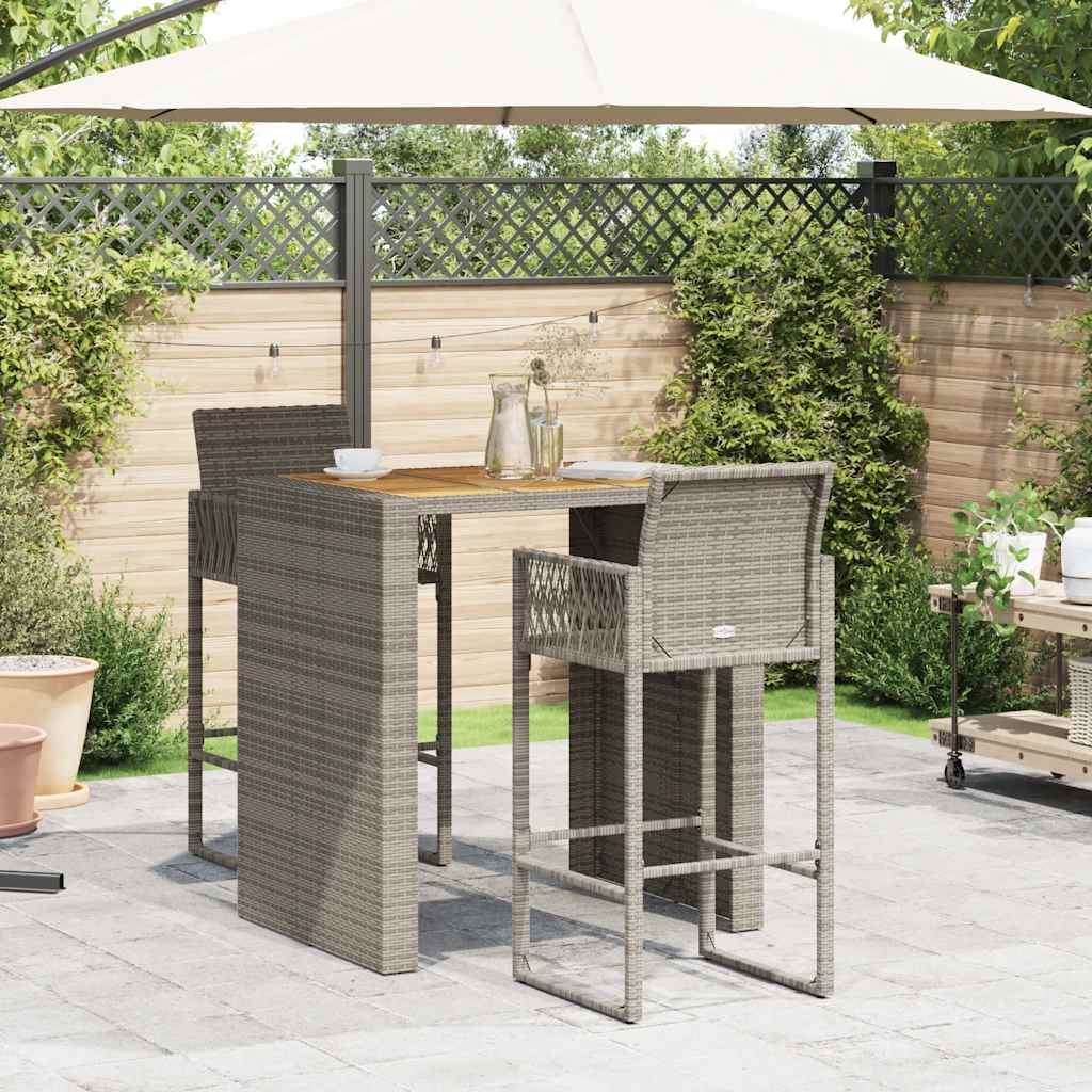 3 Piece Garden Bar Set without Cushions Grey Poly Rattan Acacia