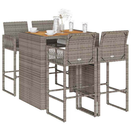 5 Piece Garden Bar Set without Cushions Grey Poly Rattan Acacia