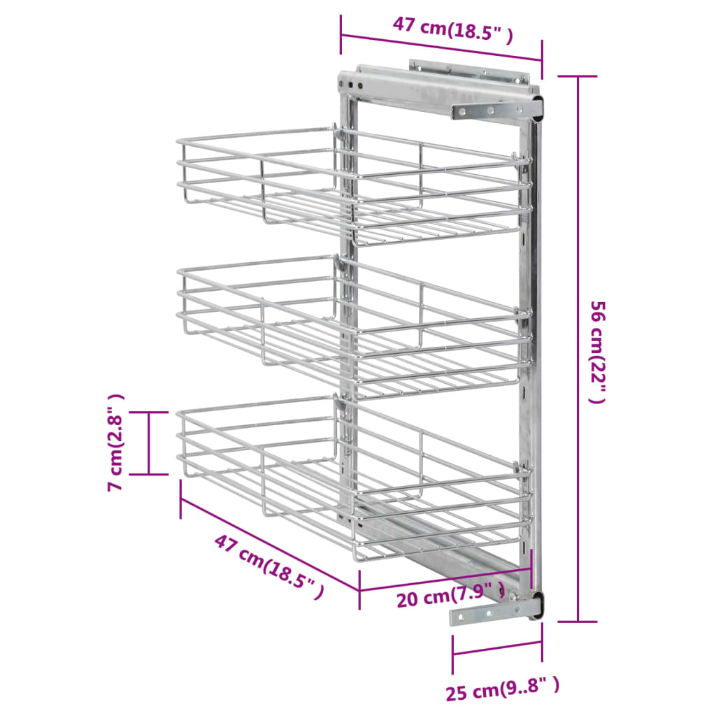 3-Tier Pull-out Kitchen Wire Basket Silver 47x25x56 cm