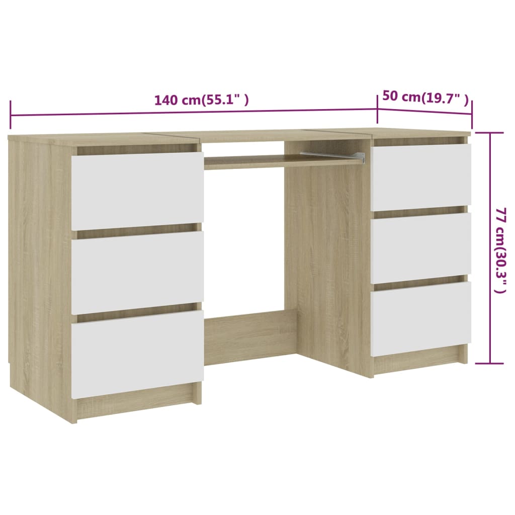 Writing Desk White and Sonoma Oak 140x50x77 cm Engineered Wood